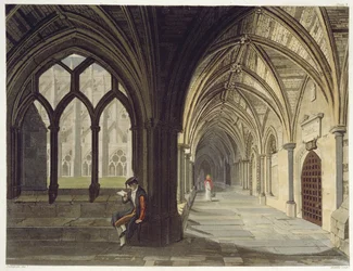 Angle sud-est des cloîtres, planche T de Westminster Abbey, gravé par J.R. Hamble, publié par Rudolph Ackermann, 1812